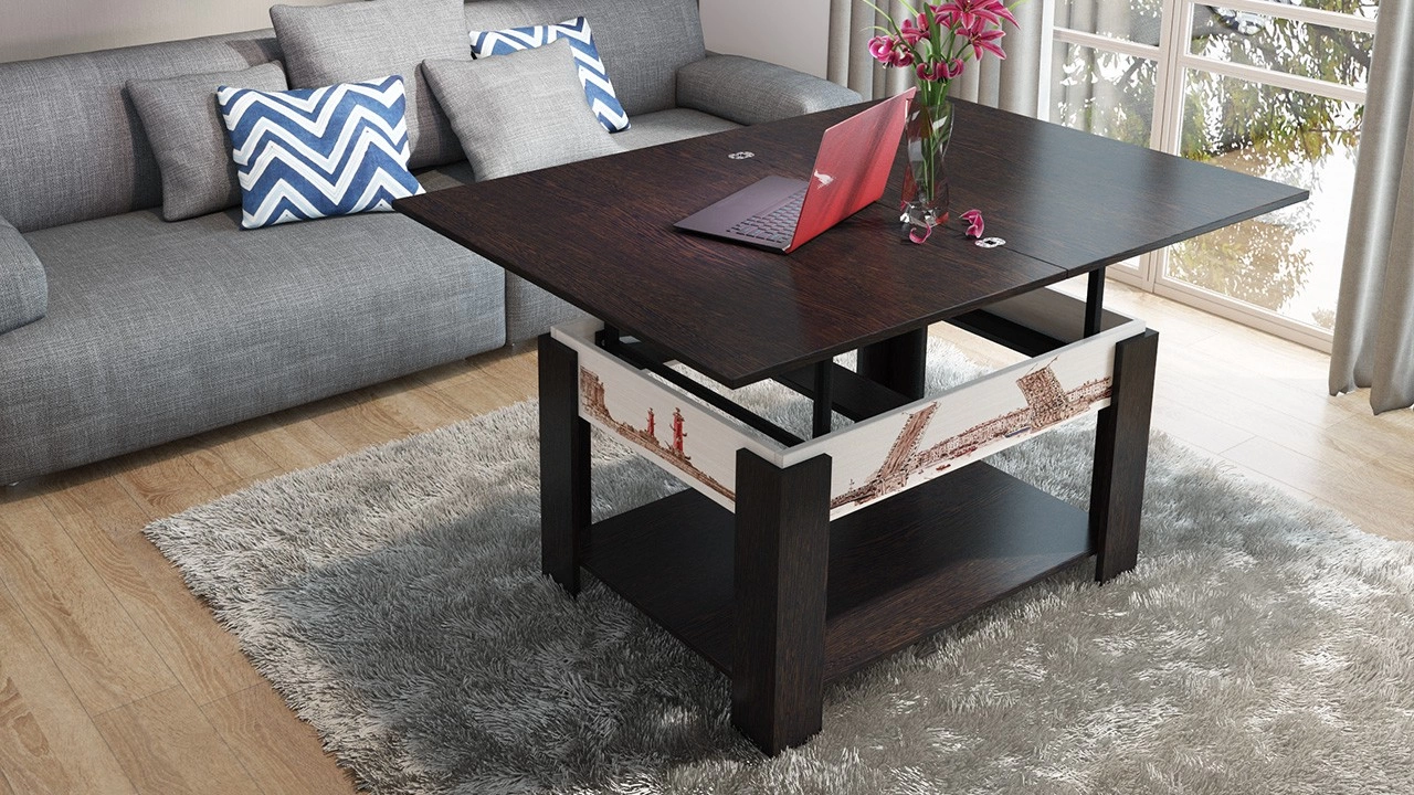 Журнальный Столик Тип 6 Трансформер с Рисунком Венге Цава/Дуб Молочный/Ш-650 × Г-900 × В-530 мм